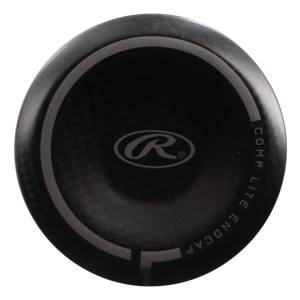Top-down view of a black baseball bat endcap with a Rawlings logo and COMP LITE ENDCAP text.