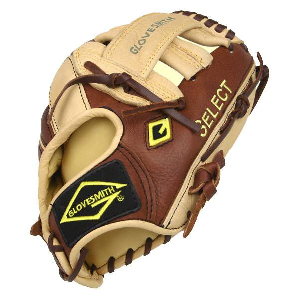 Top-down view of a brown and tan baseball glove with SELECT and GLOVESMITH branding.