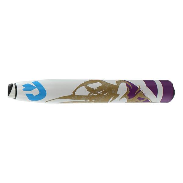 Side view of a white softball bat with blue, gold, and purple graphics.