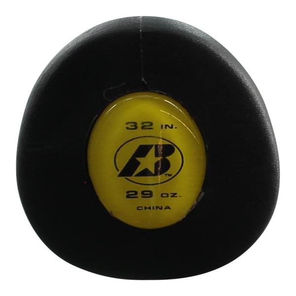 End view of a black baseball bat with a yellow cap showing 32 IN., 29 OZ., CHINA, and an AB logo.