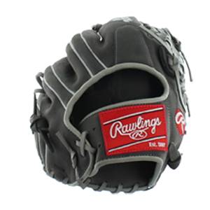 Side view of a gray baseball glove with a red Rawlings logo and white stitching.