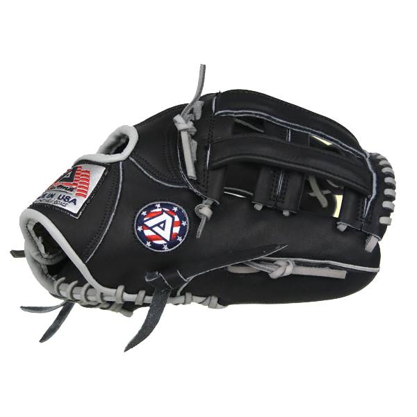 Side view of a black baseball glove with a red, white, and blue logo and MADE IN USA text.