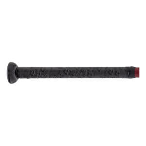 Side view of a black baseball bat with a textured grip and red end cap.
