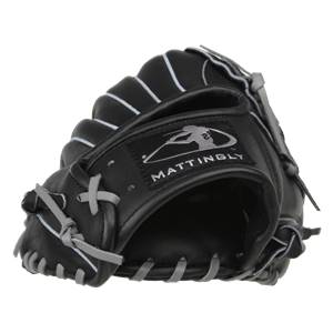 Front view of a black baseball glove with white stitching and a Mattingly logo.