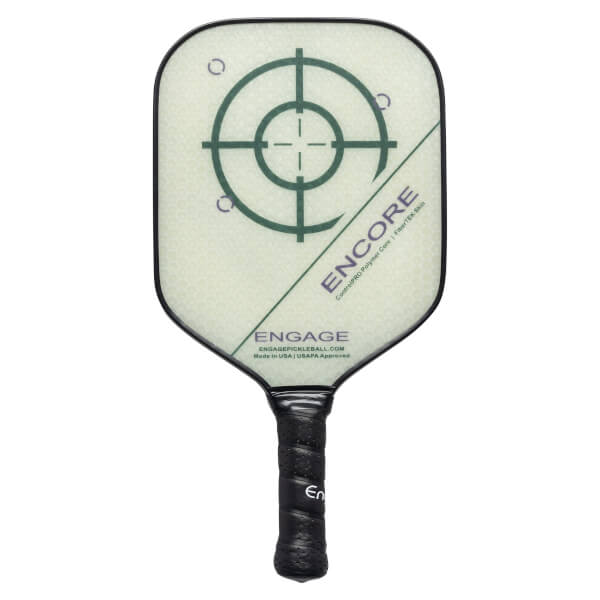 Front view of a white pickleball paddle with a green target design, ENCORE text, and a black grip.