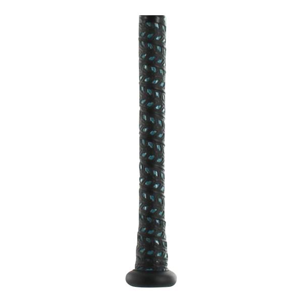 Close-up of a black baseball bat grip with teal accents and a black end cap.