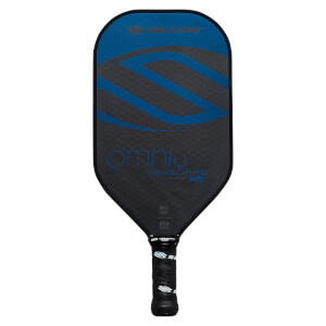 Front view of a black pickleball paddle with blue S-shaped graphics, omni text, and a black grip.