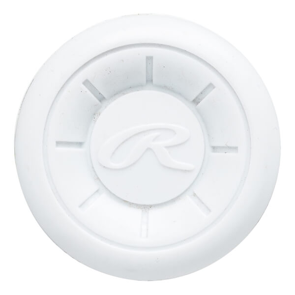 Top-down view of a white baseball bat end cap with a circular Rawlings logo and radial lines.