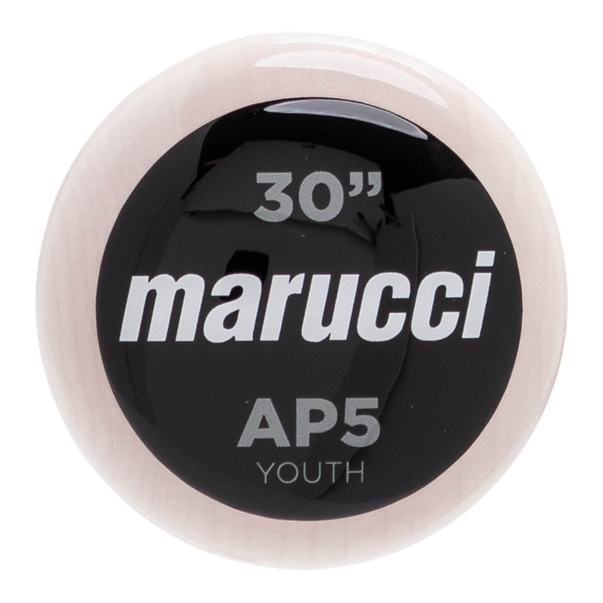 End view of a light wood baseball bat with a black circular logo showing marucci, 30, AP5, and YOUTH.