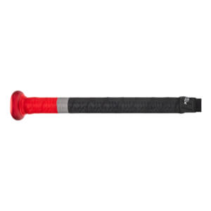 Side view of a baseball bat handle with a red knob, red textured grip, and black textured grip separated by a silver band.