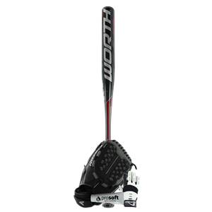 Front view of a black and red softball bat with WORTH logo, a black glove, and white batting gloves with prosoft text.