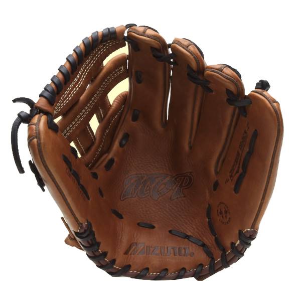 Interior view of a brown Mizuno MVP softball glove with black lacing and embossed logos.