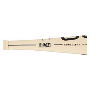 Close-up side view of a cream baseball bat with BONESABER text, a 1.15 BPF certification logo, and a black S logo.