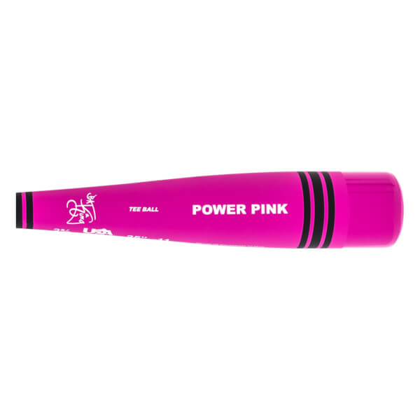 Top-down view of a pink tee ball bat with POWER PINK text and black stripes.