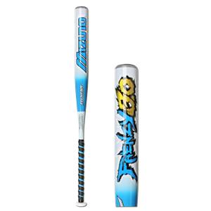 Side view of a white softball bat with blue Mizuno branding and a black grip.