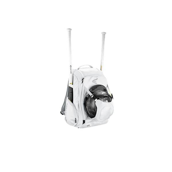 Front view of a white bat bag with two bats and a helmet.