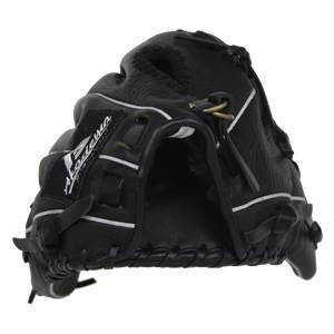 Front view of a black baseball glove with white stitching and the Akadema logo.