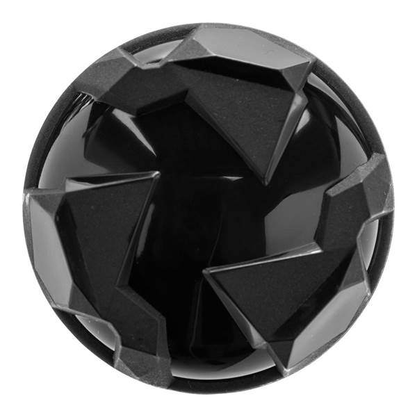 Top-down view of a black baseball bat end cap with faceted geometric patterns.