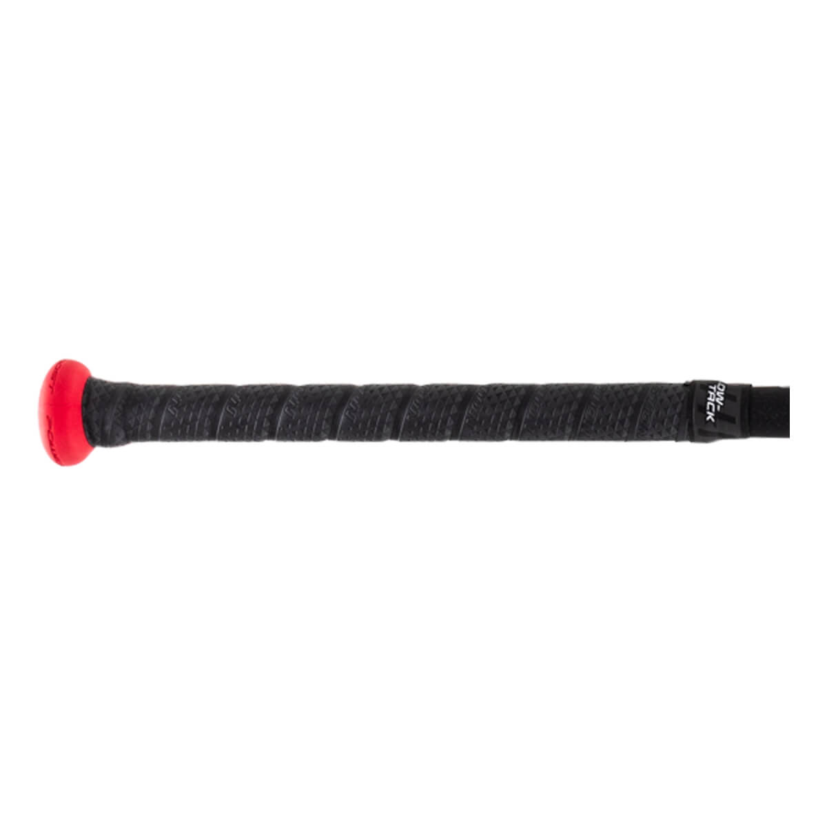 Close-up side view of a black and red softball bat handle with a textured black grip, a red knob, and a black band with white text.