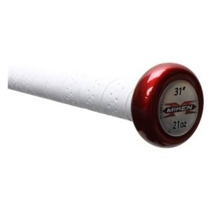 End view of a red baseball bat with white grip, Miken logo, 31 and 21oz.
