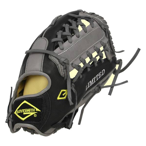 Side view of a black and gray baseball glove with yellow accents, LIMITED text, and Glovesmith logo.