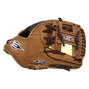 Side view of a tan baseball glove with black accents and white Easton logos.