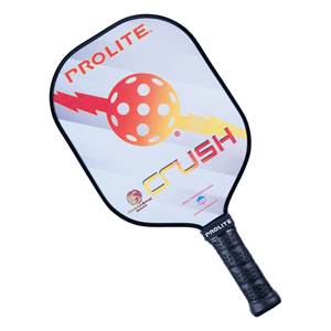 Front view of a white pickleball paddle with orange pickleball graphic, CRUSH text, and black grip.