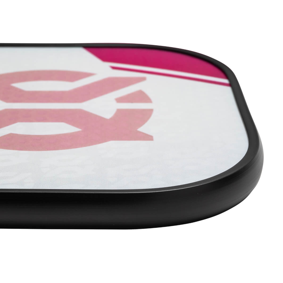 Corner view of a white pickleball paddle with pink graphic and black edge.