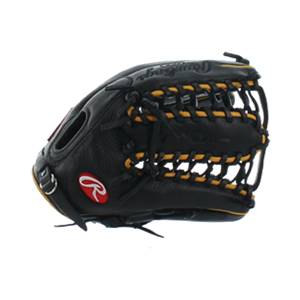 Side view of a black baseball glove with yellow lacing and a red Rawlings logo.