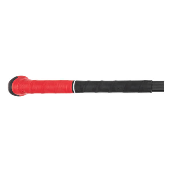 Side view of a black and red baseball bat with a textured grip and a red end cap.