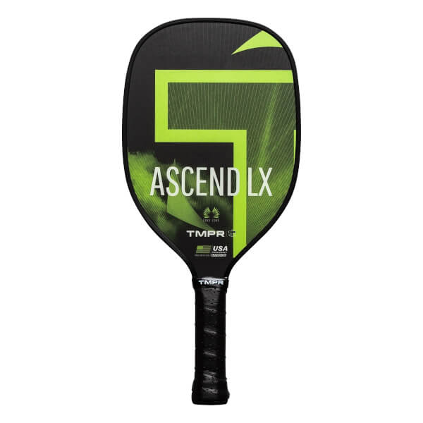 Front view of a black pickleball paddle with a lime green 5 graphic, ASCEND LX text, and USA logo.