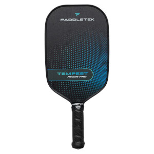 Front view of a black pickleball paddle with blue gradient dots and TEMPEST REIGN PRO text.