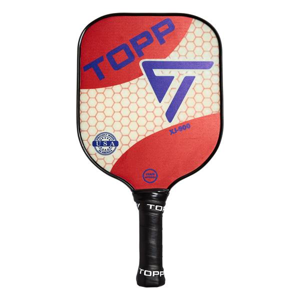 Front view of a red pickleball paddle with a blue TOPP logo, a T graphic, and XJ-900 text.