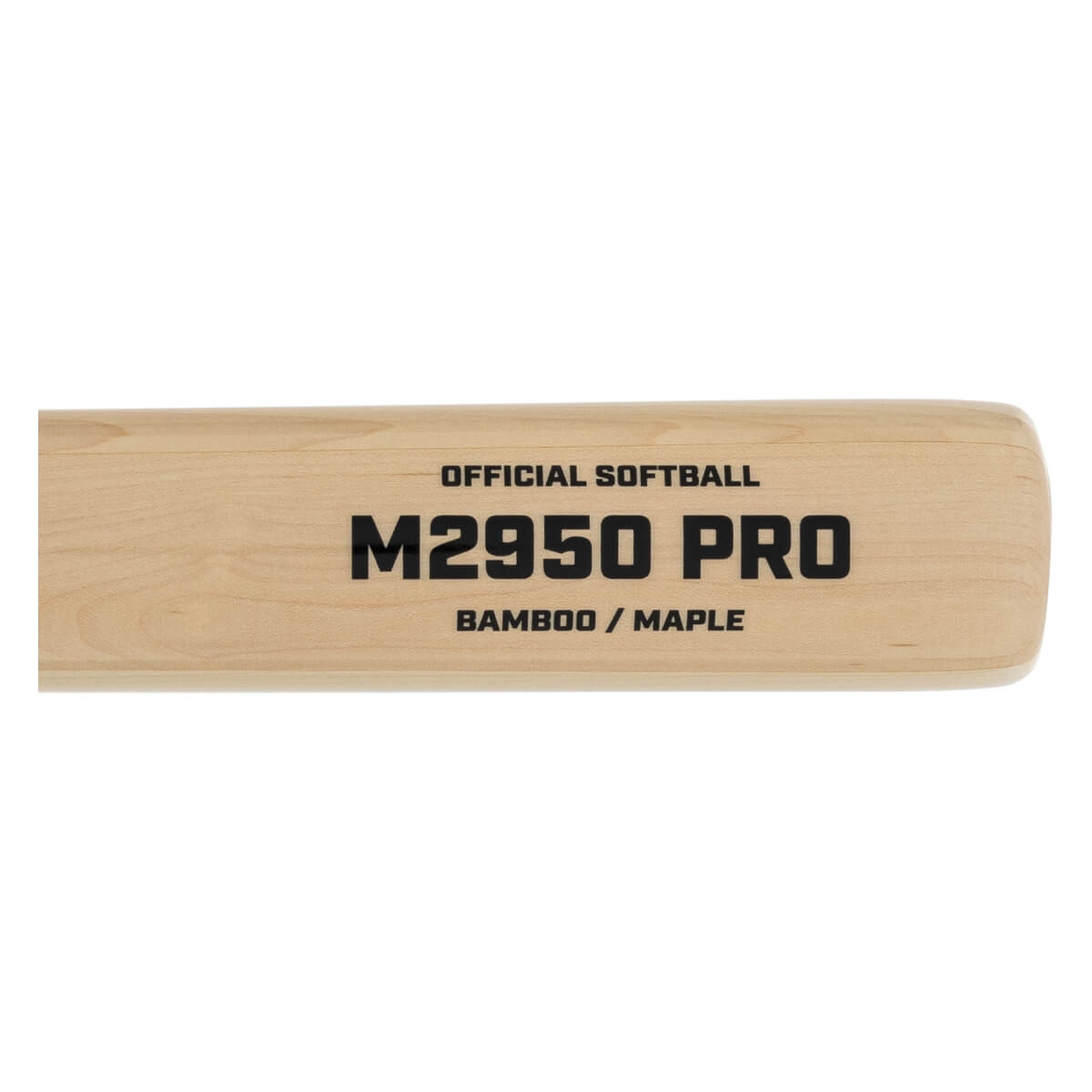 Close-up of a light brown wood softball bat barrel with OFFICIAL SOFTBALL M2950 PRO BAMBOO / MAPLE text.