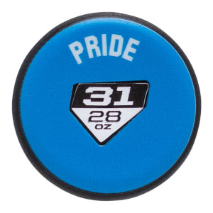 Top-down view of a blue baseball bat end cap with PRIDE and 31 28 OZ text.