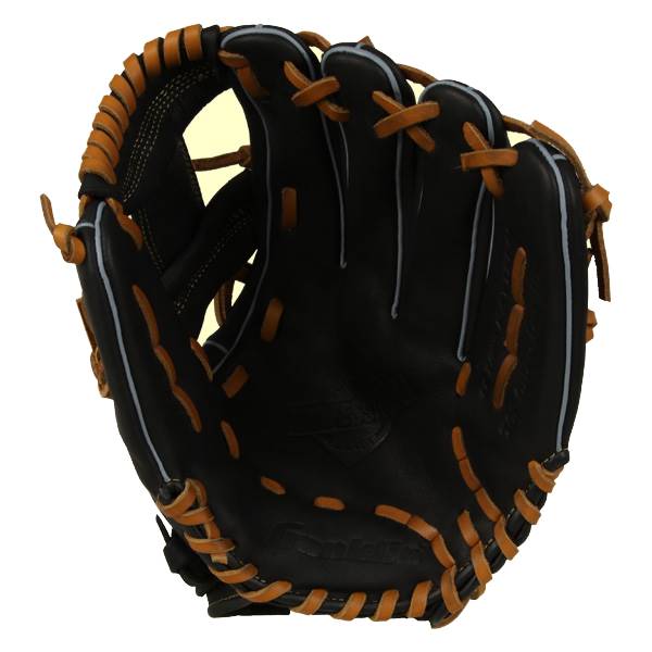 Front view of a black baseball glove with tan lacing and white piping.