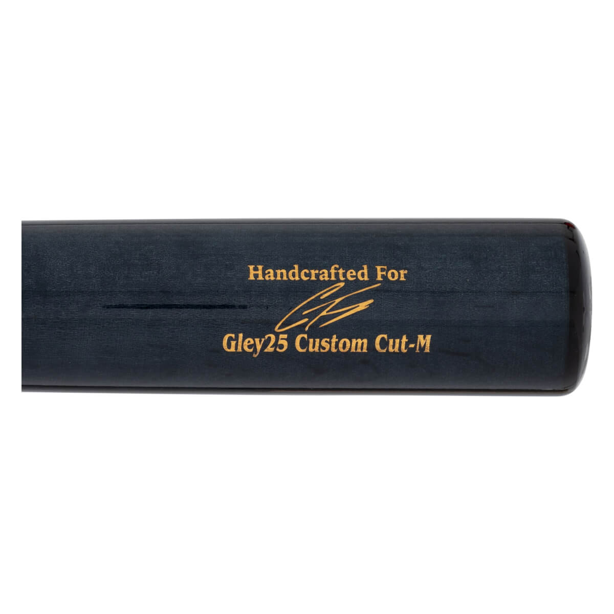 Close-up of a dark blue baseball bat with gold text reading Handcrafted For Gley25 Custom Cut-M.