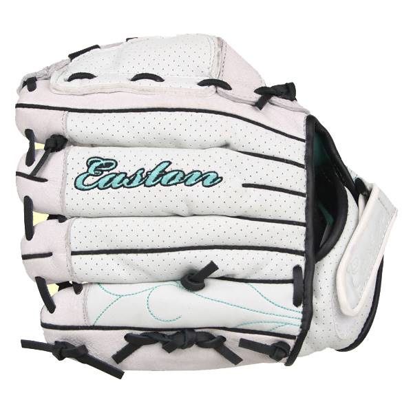 Front view of a white youth softball glove with black lacing and teal Easton branding.