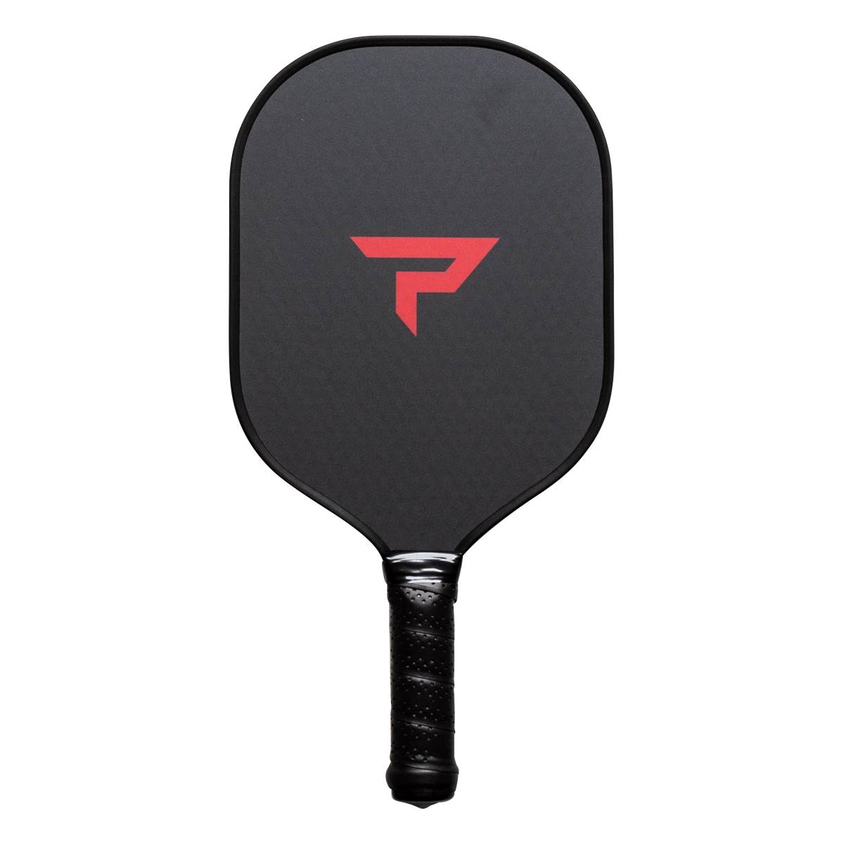 Front view of a black pickleball paddle with a red P logo and textured grip.