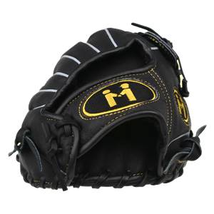 Front view of a black baseball glove with yellow M logo and white stitching.