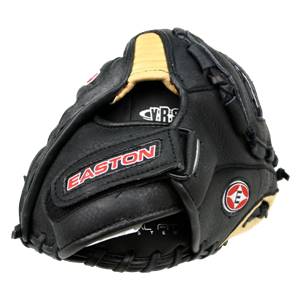 Front view of a black Easton glove with red EASTON text and a circular logo.