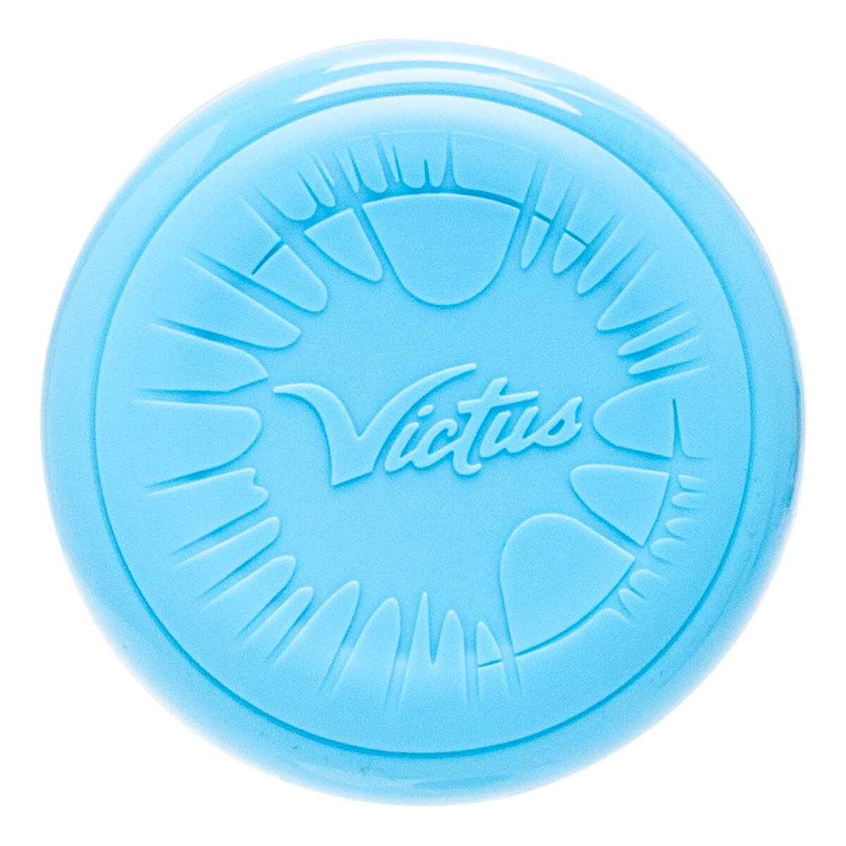 Top-down view of a light blue baseball bat end cap with embossed Victus logo and sunburst pattern.