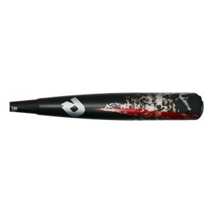 Side view of a black baseball bat with a white R logo and red and gold graphic designs.