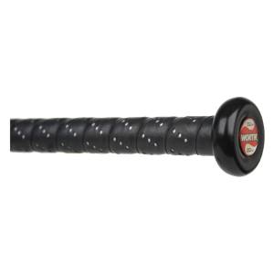 Side view of a black softball bat with a perforated grip and WORTH logo on the knob.