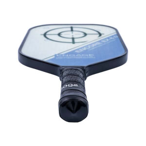 Top-down view of a black pickleball paddle with a target design and blue ENGAGE text.
