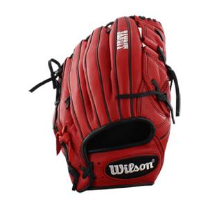 Front view of a red baseball glove with black lacing and Wilson branding.