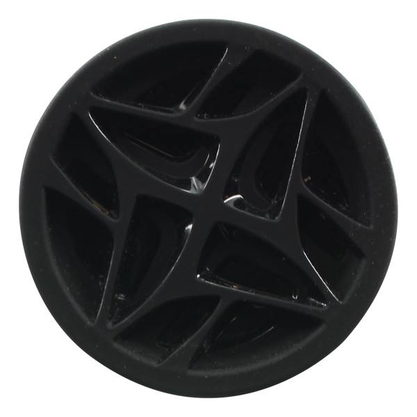 Top-down view of a black softball bat end cap with a geometric, segmented design.