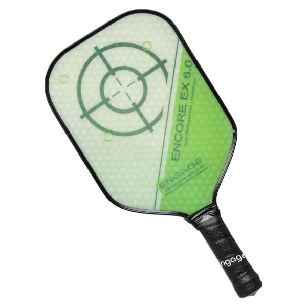 Top-down view of a green pickleball paddle with a target design and ENCORE EX 6.0 text.