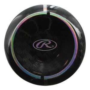 Top-down view of a black baseball bat with a Rawlings logo and iridescent trim.