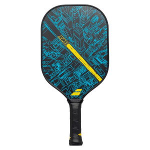 Front view of a black pickleball paddle with a blue city graphic, yellow diagonal stripe, and RBEL text.